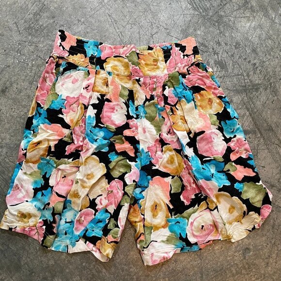 Vintage 80s Bugle Boy Anchor Blue Floral High Waisted Mom Shorts Womens Medium - Picture 2 of 12